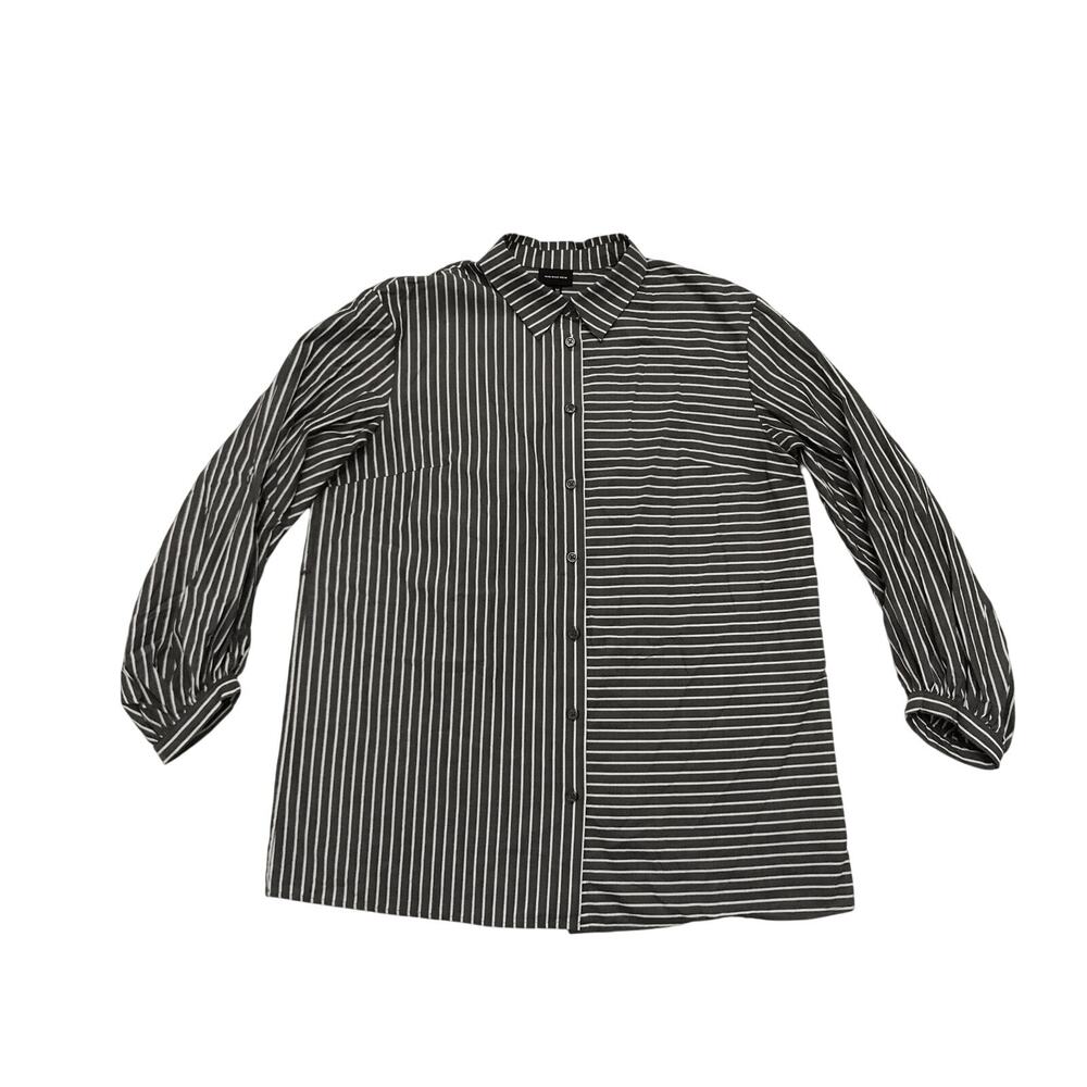 Who What Wear Gray & White Stripe Button Up With Balloon Sleeves Size Medium